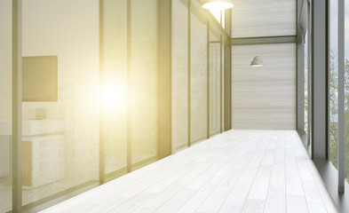 office in a business center with large panoramic windows. cabinets with glass walls. Meeting room. 3D rendering.. Sunset