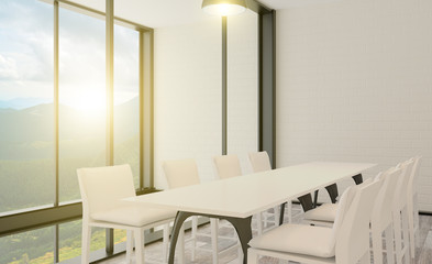 office with open space on the background of the evening city. meeting room in a modern style. Brick walls. large panoramic windows.. 3D rendering. Sunset.