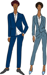 Vector drawing of couple young people in classical business suits