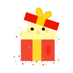 This is cute chicken in gift box on white background.