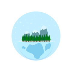 This is vector illustration winter planet and trees, mountains and snow. Outline ball isolated on white background.  Could be used for earth day, winter holidays, Christmas, new year.