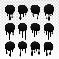 Drip paint set. Ink stain. Drop melt liquid isolated on white transparent background. Splash chocolate, oil, blood. Black splatter syrup, candy sauce, caramel. Color easy to edit. Vector illustration