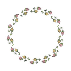 Romantic round frame with pink and yellow flower doodles. Floral wreath on white background for your design.
