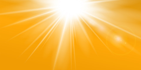 Rays yellow background. Gold sunny sky. Heat sunburs, hot weather. Sunshine orange sky. White warm sunlight. Bright golden solar sunrise, summer template. Lens optic effect. Vector illustration