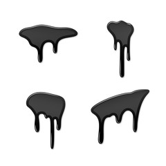 Drip paint 3D set. Ink stain. Drop melt liquid isolated on white background. Splash of chocolate, oil, blood. Black graffiti. Splatter syrup, candy sauce, caramel. Vector illustration