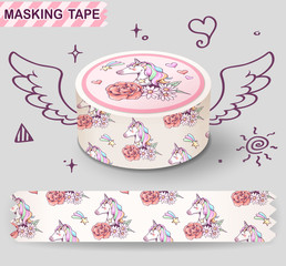 Unicorn and flower, heart, star and rainbow pattern on masking tape,  kawaii character cartoon design pattern, Make it cute on diary book, letter, gift wrapping and decorate cards.