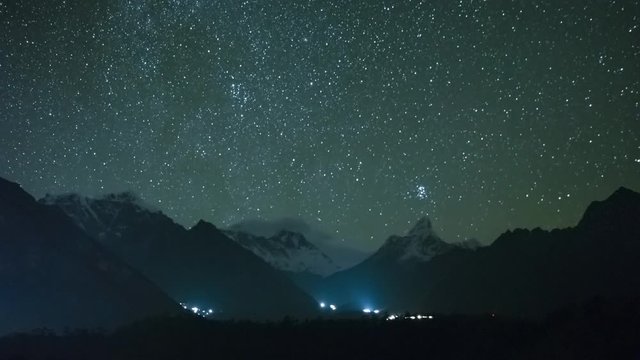 Night Sky over Ama Dablam and Taboche Mountains. Himalaya, Nepal. Timelapse