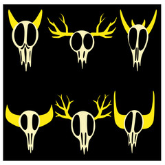 A Collection of Spooky Deer Animal Skull Cartoons with Yellow Horns Vector Illustration