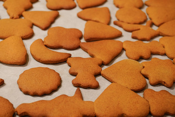 baked brown gingerbread of different shapes on baking paper. the smell of cinnamon and ginger in the house, festive mood. homemade cookies made by hands, playing with children