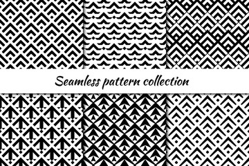 Seamless pattern collection. Geometrical design backgrounds set. Repeated scales, chevrons motif. Geo print kit