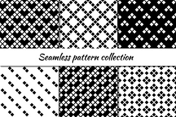Seamless pattern collection. Geometrical design backgrounds set. Repeated rhombuses, diamonds, squares motif. Geo checks