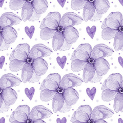 Violet flower heard watercolor illustartion seamless pattern on a white background. Love valentines day packaging pattern stock illustration
