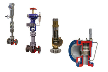 four modern shut-off valves with automatic control for gas pipeline isolated on a white background. Transverse section