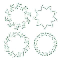 Four round frames made of fir and pine branches and christmas tree branches. Wreaths on white background for your design