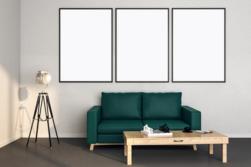 Modern living room with three blank poster