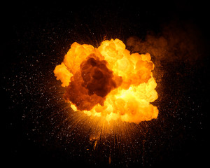 Fiery bomb explosion with sparks isolated on black background. Fiery detonation. - obrazy, fototapety, plakaty