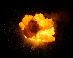 Foto op Canvas Vurige bomexplosie met vonken geïsoleerd op zwarte achtergrond. Vurige ontploffing. © michalz86