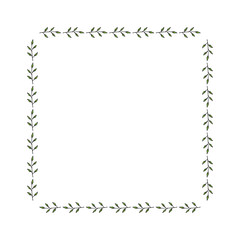 Square frame made of green branches with leaves. Vector on white for your design