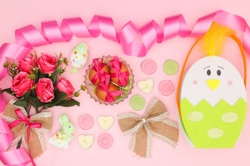 Happy Easter - Easter pastel colored decoration with decorative rabbit and eggs 