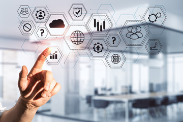 Hand touching abstract global business interface