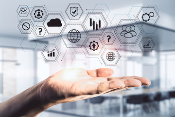 Hand holding global business interface