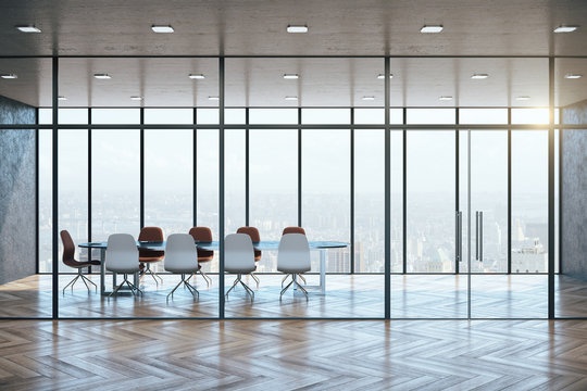 Modern meeting room interior with city view