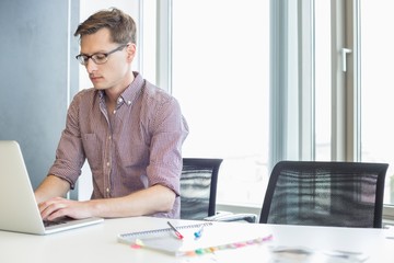 Businessman using laptop at desk in creative office