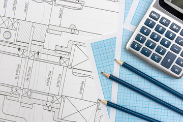 Technical drawing, graph paper and tools. Engineer  office team working with blueprints