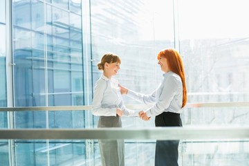 Happy businesswomen shaking hands in office