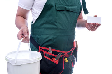 Painter with bucket showing his visit card isolated on white