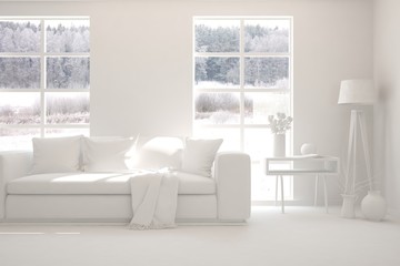 Mock up of stylish room in white color with sofa and winter landscape in window. Scandinavian interior design. 3D illustration