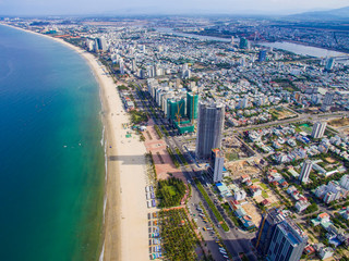 Fototapeta na wymiar Aerial view of Da Nang beach which has many hotels and resorts.