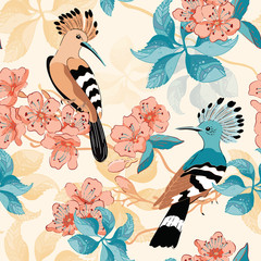Cherry blossom trees with hoopoe pattern, seamless background with birds © ringele