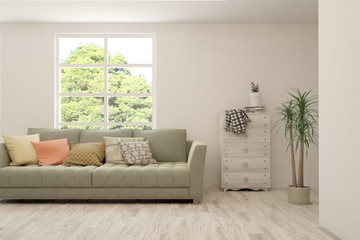 Stylish room in white color with sofa and summer landscape in window. Scandinavian interior design. 3D illustration