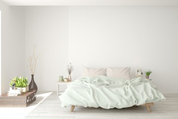 Stylish bedroom in white color. Scandinavian interior design. 3D illustration