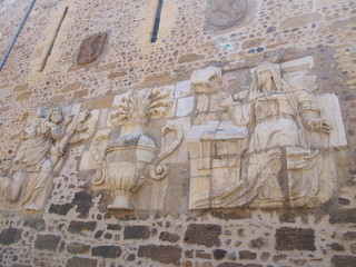 Beautiful stone carving on the church walls in Leon, Camino de Santiago, Way of St. James, Journey from Mansilla de las Mulas to Leon, French way, Spain