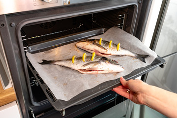 baking tray with fish of oven