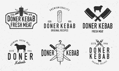 Doner kebab logo set. Vector kebab, shawarma, lamb, kebab sandwich logo set with grunge texture isolated on white background.