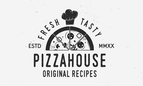Pizza cook logo with pizza slice and chef cap. Cooking class template logo with grunge texture. Chef cap, Pizza. Vector illustration.
