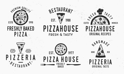 Obraz premium Vintage Pizza logotypes isolated on white background. Pizzeria emblems set with pizza slices, chef hat, knife, fork and grunge texture. Vector illustration
