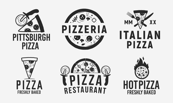 Collection of 6 pizza logo, emblems, labels and badges. Pizzeria, Pizza house, cafe, restaurant. Vector logo templates. 