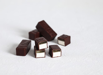 Souffle, jelly, souffle in chocolate, candy, chocolate candy with souffle, dessert, dessert in chocolate, fruit jelly, light background, sweets, Goodies, Goodies, loose, piece dessert, food, sweet foo