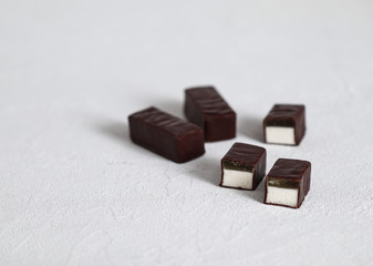 Souffle, jelly, souffle in chocolate, candy, chocolate candy with souffle, dessert, dessert in chocolate, fruit jelly, light background, sweets, Goodies, Goodies, loose, piece dessert, food, sweet foo