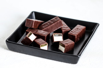 Souffle, jelly, souffle in chocolate, candy, chocolate candy with souffle, dessert, dessert in chocolate, fruit jelly, light background, sweets, Goodies, Goodies, loose, piece dessert, food, sweet foo