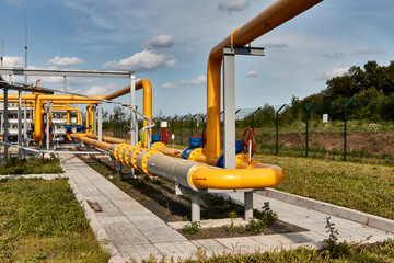 Gas industry, gas transport system. Gas pipeline. Gas pipes, stop valves and appliances for gas pumping station