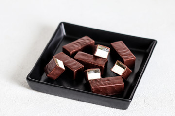 Souffle, jelly, souffle in chocolate, candy, chocolate candy with souffle, dessert, dessert in chocolate, fruit jelly, light background, sweets, Goodies, Goodies, loose, piece dessert, food, sweet foo