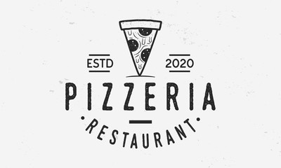 Pizza slice logo template. Vintage emblem, badge, label, poster for pizzeria, restaurant, cafe. Vector illustration. - obrazy, fototapety, plakaty