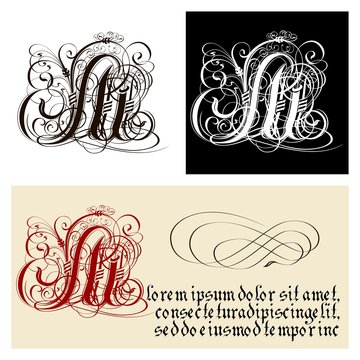 Decorative Gothic Letter M. Uncial Fraktur Calligraphy.