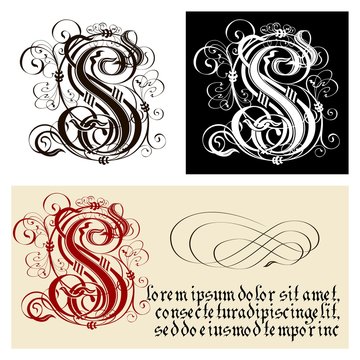 Decorative Gothic Letter S. Uncial Fraktur calligraphy.