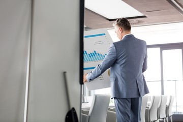 Rear view of businessman analyzing graph on chart in board room